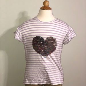 **CLOSEOUT**  Girls lavender & white striped tee, sequins heart